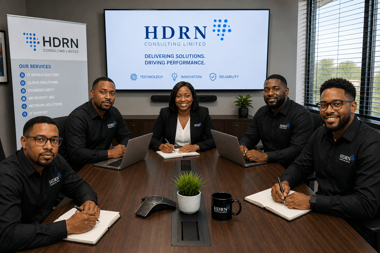 Five Black professionals in branded black shirts sit around a conference table in an office.