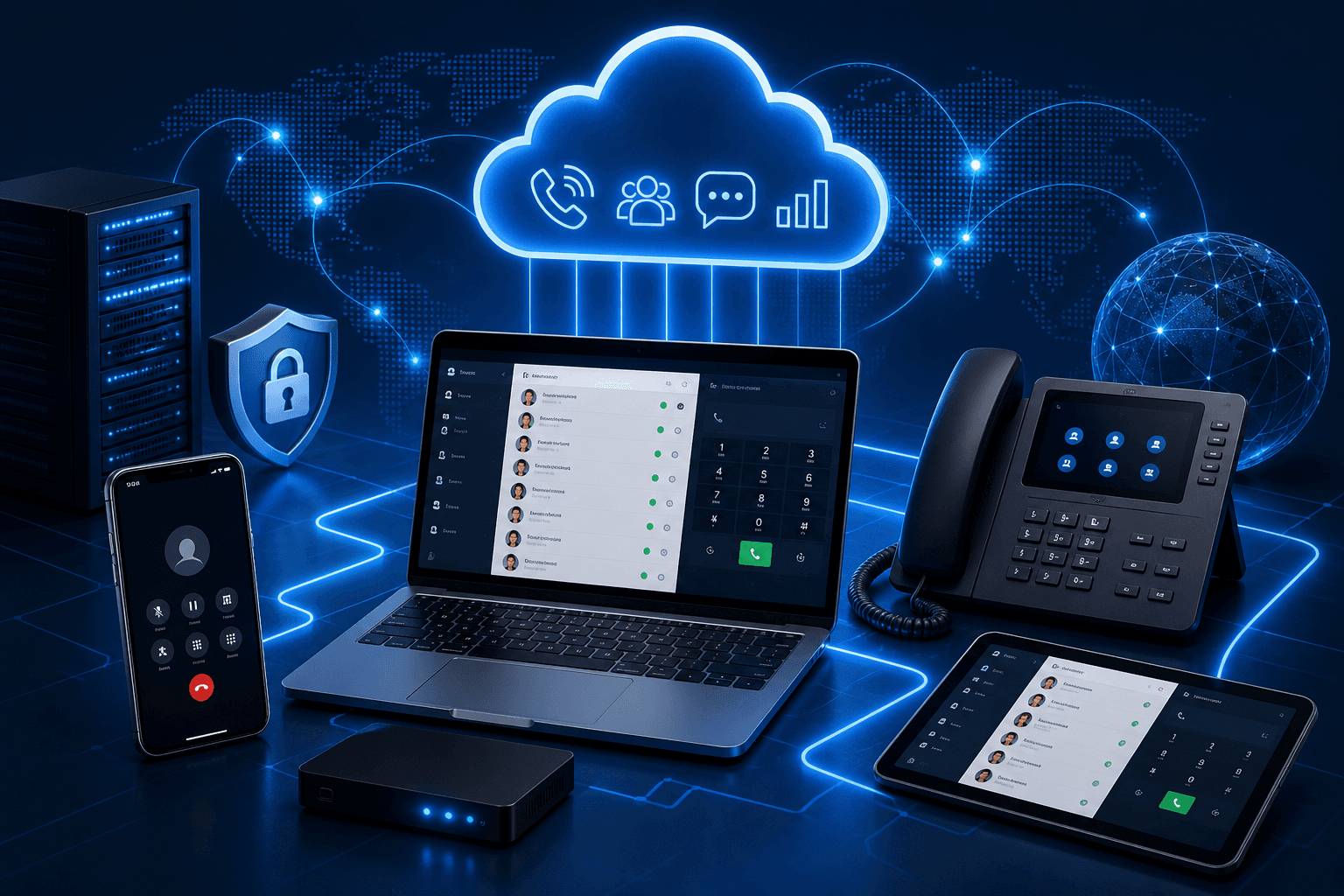 Digital devices connected to a glowing blue cloud icon representing unified cloud-based communication systems.